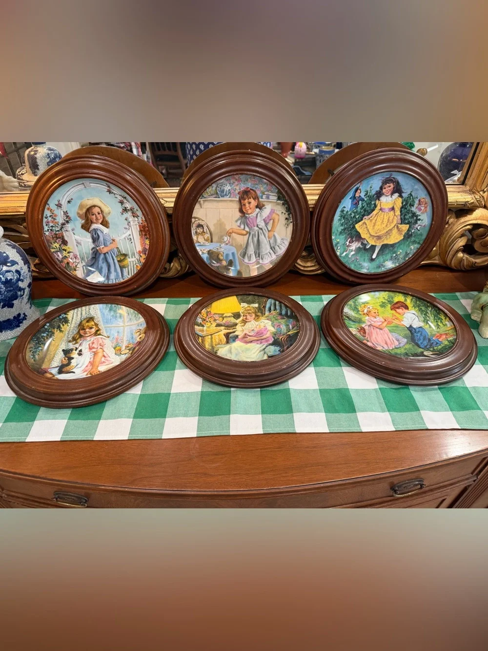 Set of 6 Framed Vintage Style Girls Wall Plaques in Brown